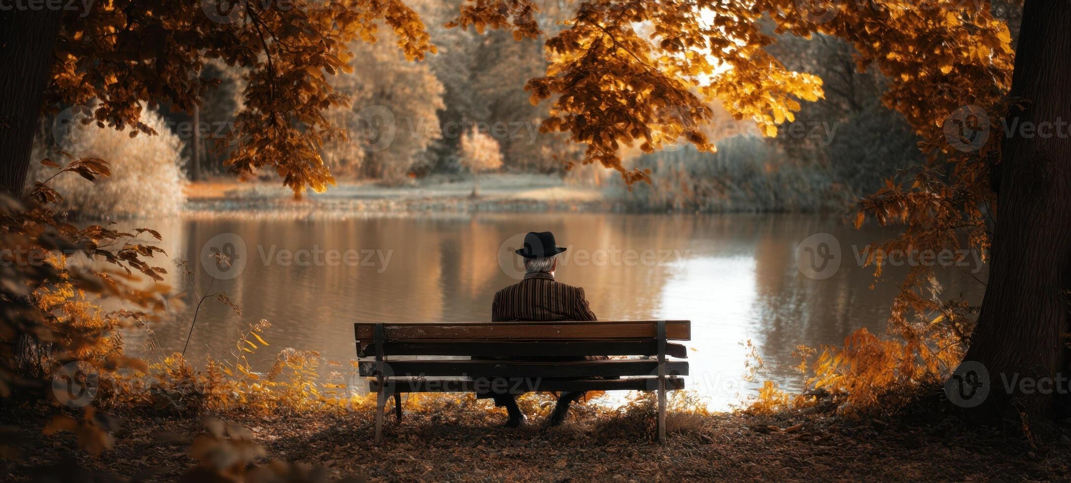 The tranquil man sitting alone on a bench by the serene lake. photo
