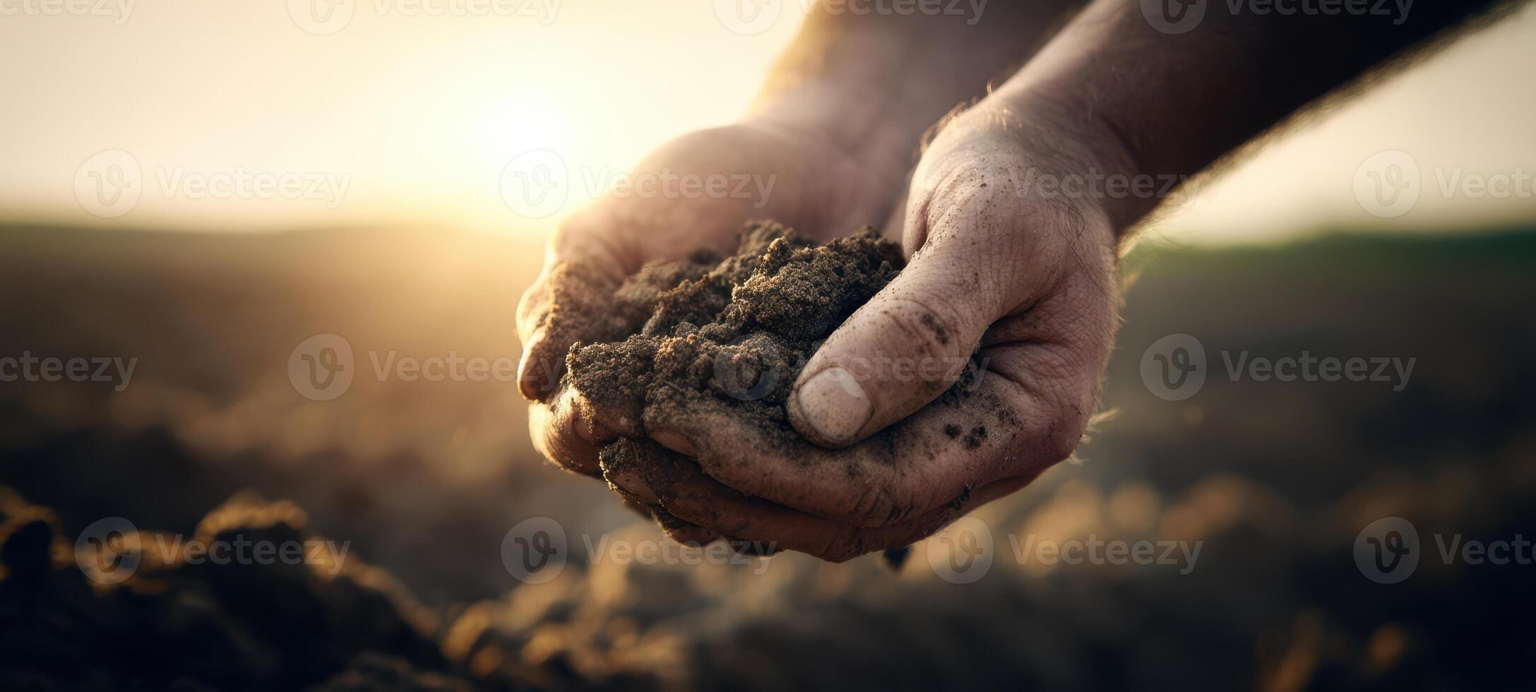 The hands holding rich soil in a sunlit agricultural field. photo