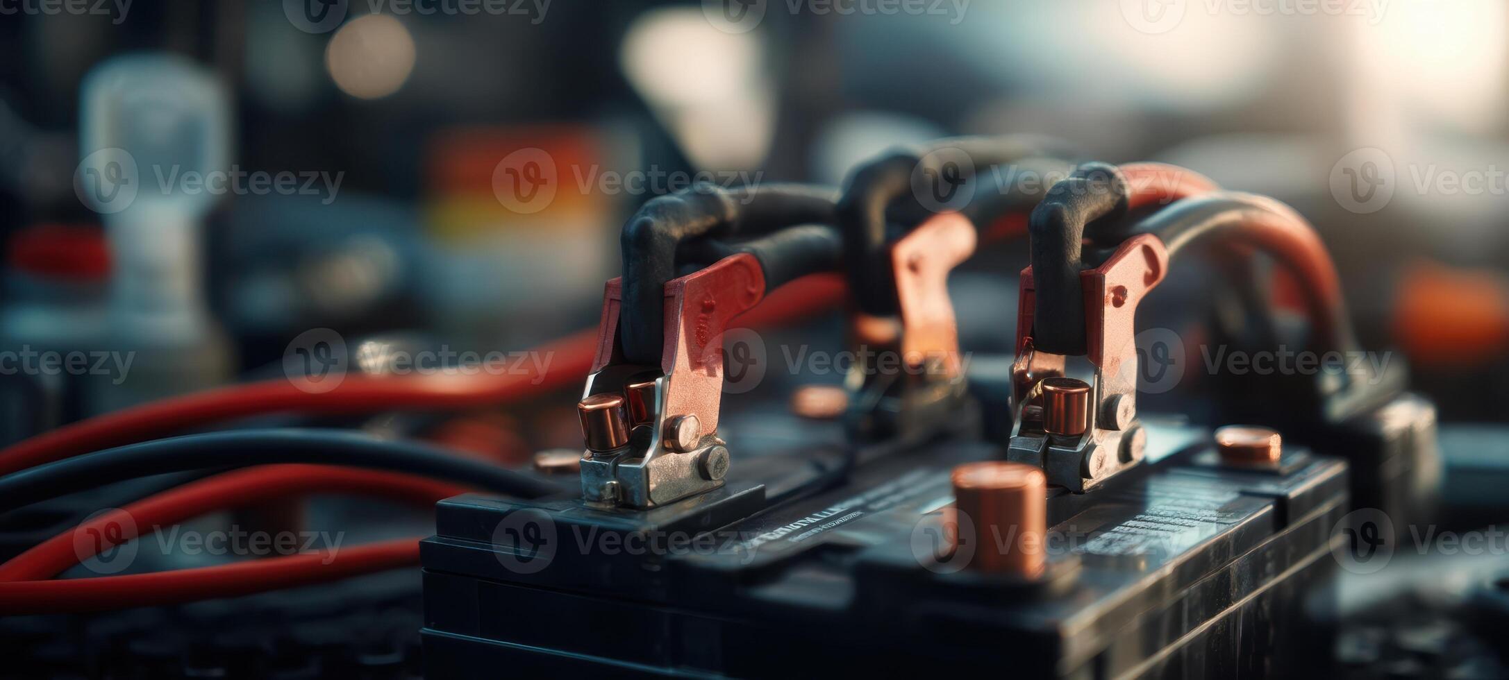 The intricate details of a battery connection with charging cables and connectors. photo