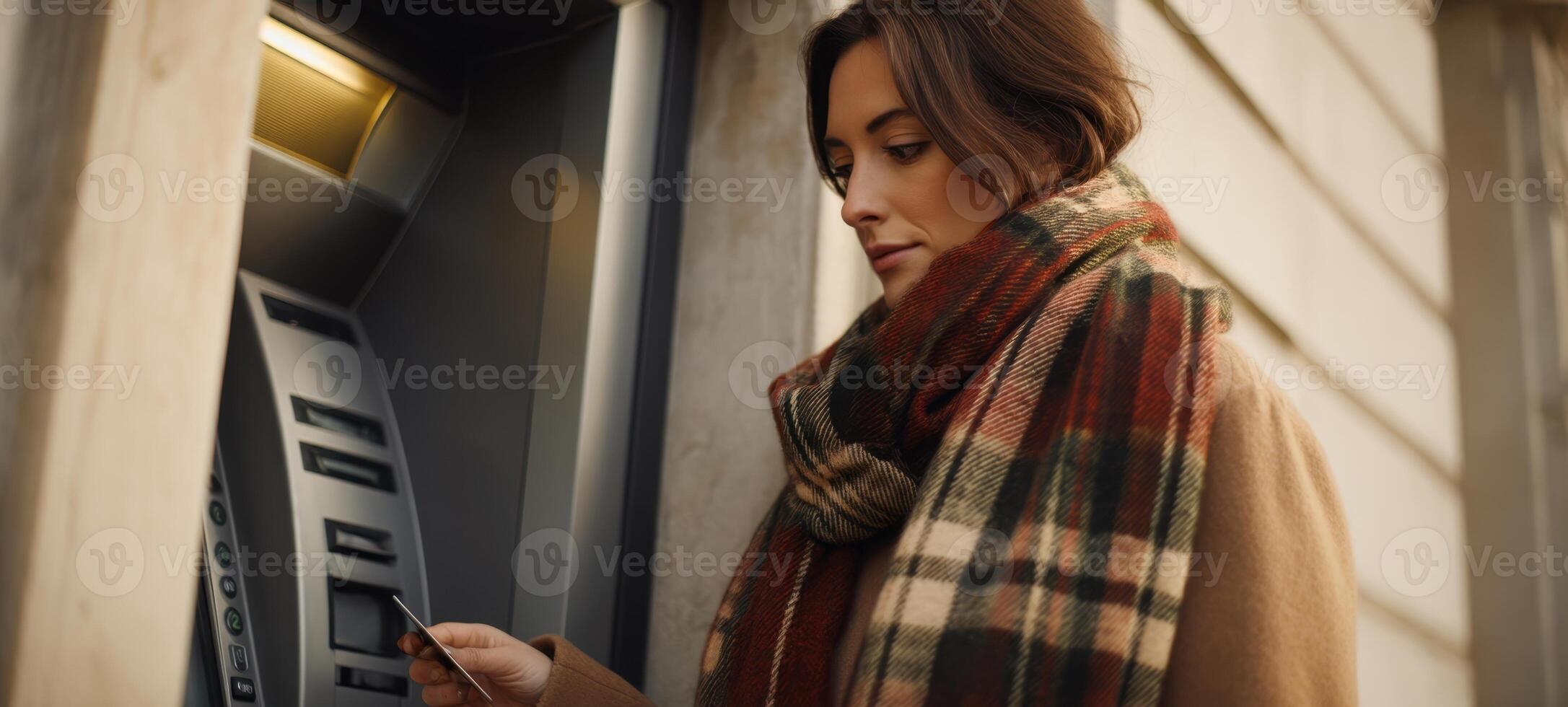 The woman using an ATM in a stylish urban setting during winter. photo