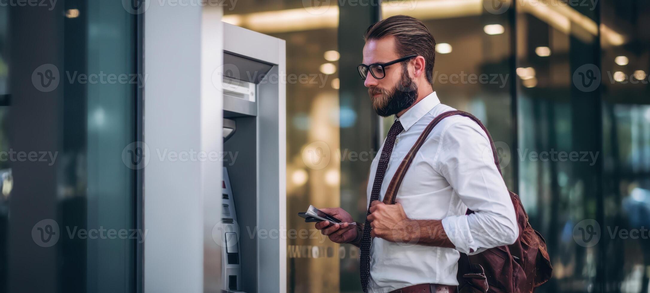 The professional businessman using an ATM in a modern urban environment. photo