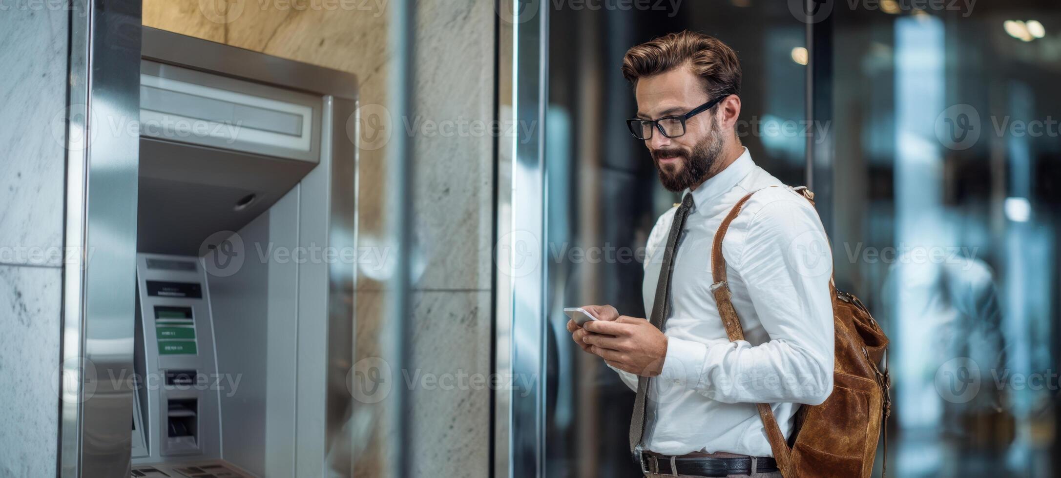 The businessman using a smartphone at an ATM in a modern office setting. photo