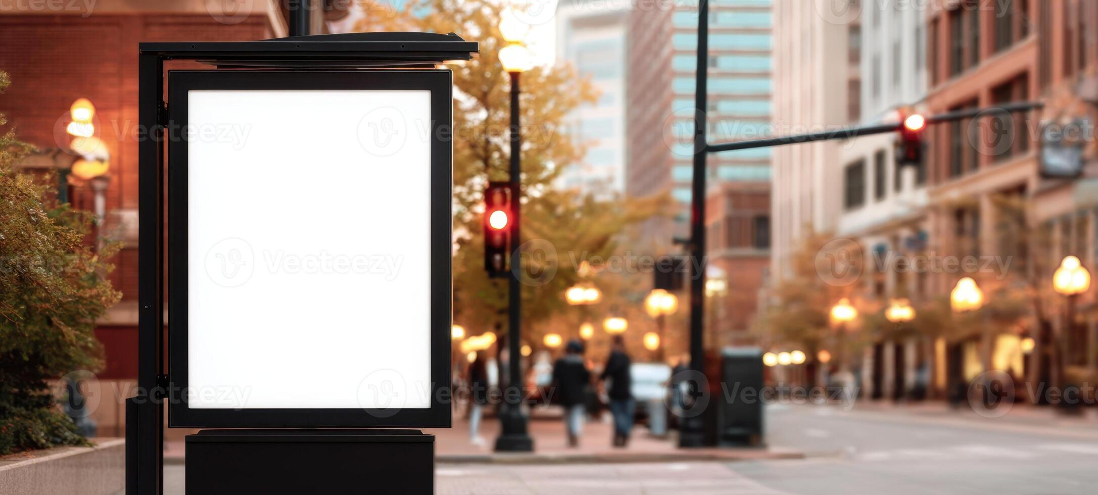 The Blank Billboard at the Urban Bus Stop in a Bustling City Environment photo