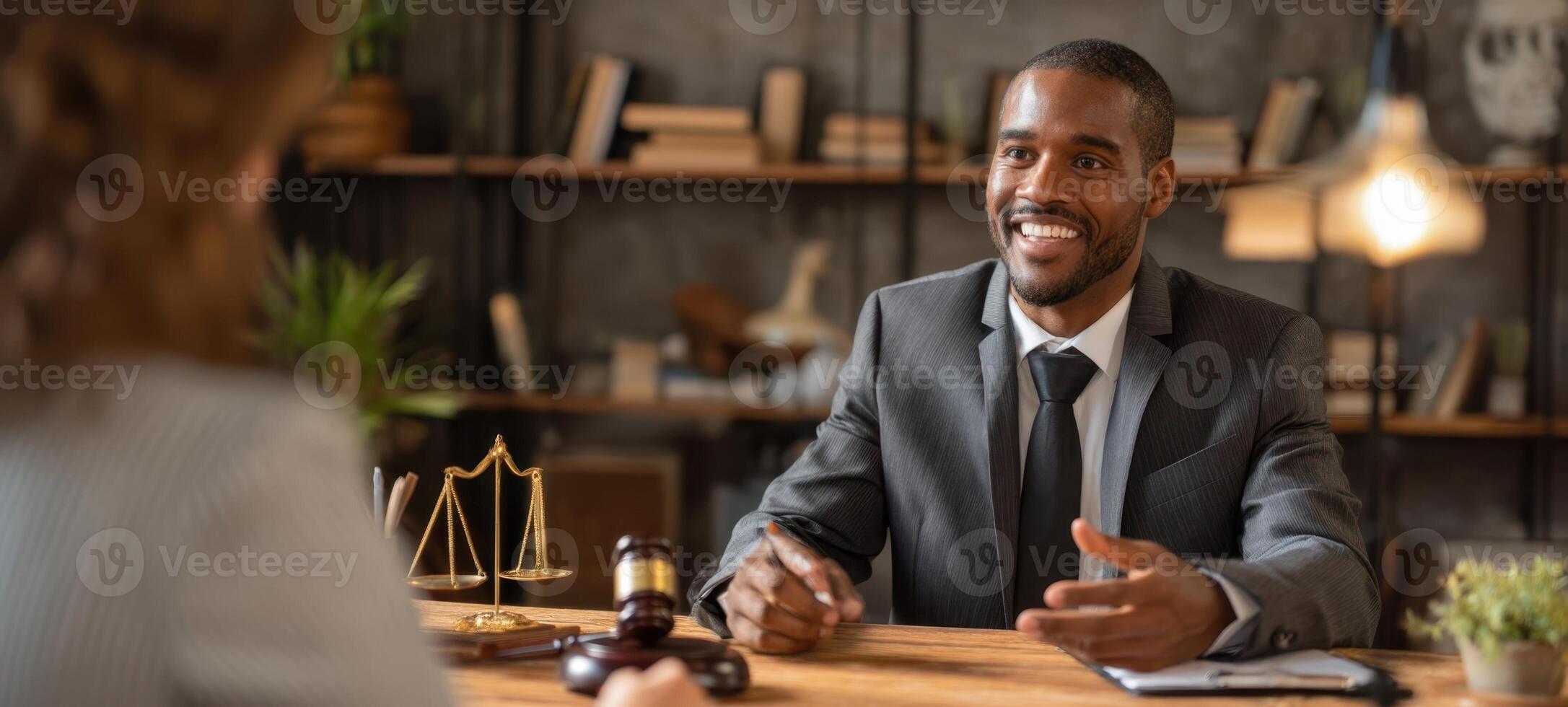 The lawyer providing expert legal advice during a client consultation in a modern office setting. photo