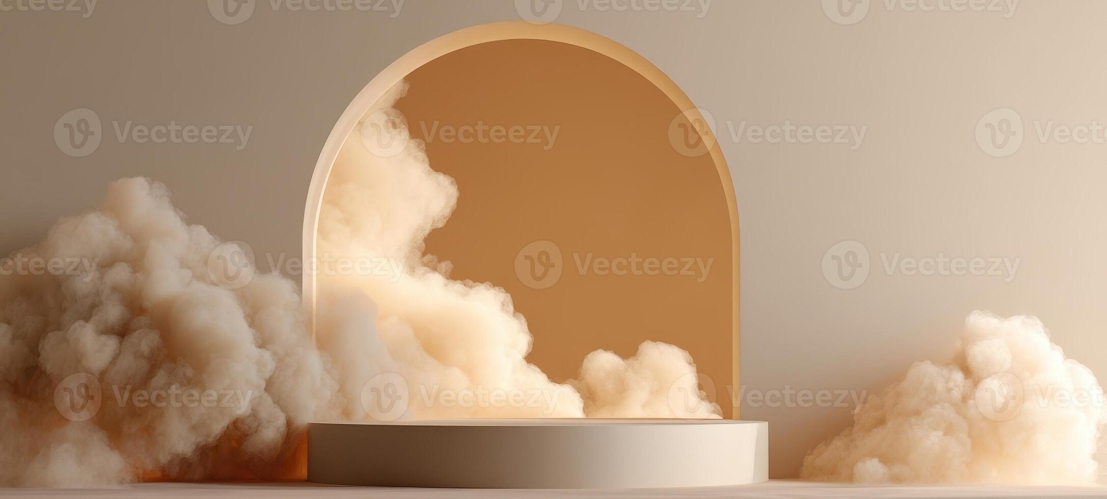 The dreamy stage with soft clouds and elegant archway in minimalistic setting. photo