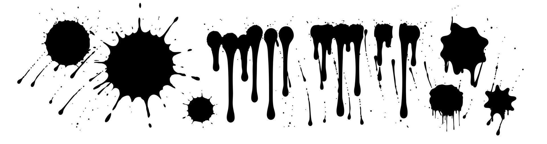 Ink Splatter and Dripping Paint Stains Elements in Grunge Style. Perfect for Urban Art, Graffiti, Abstract designs and Horoor decoration. Isolated on White Background. Illustration. vector