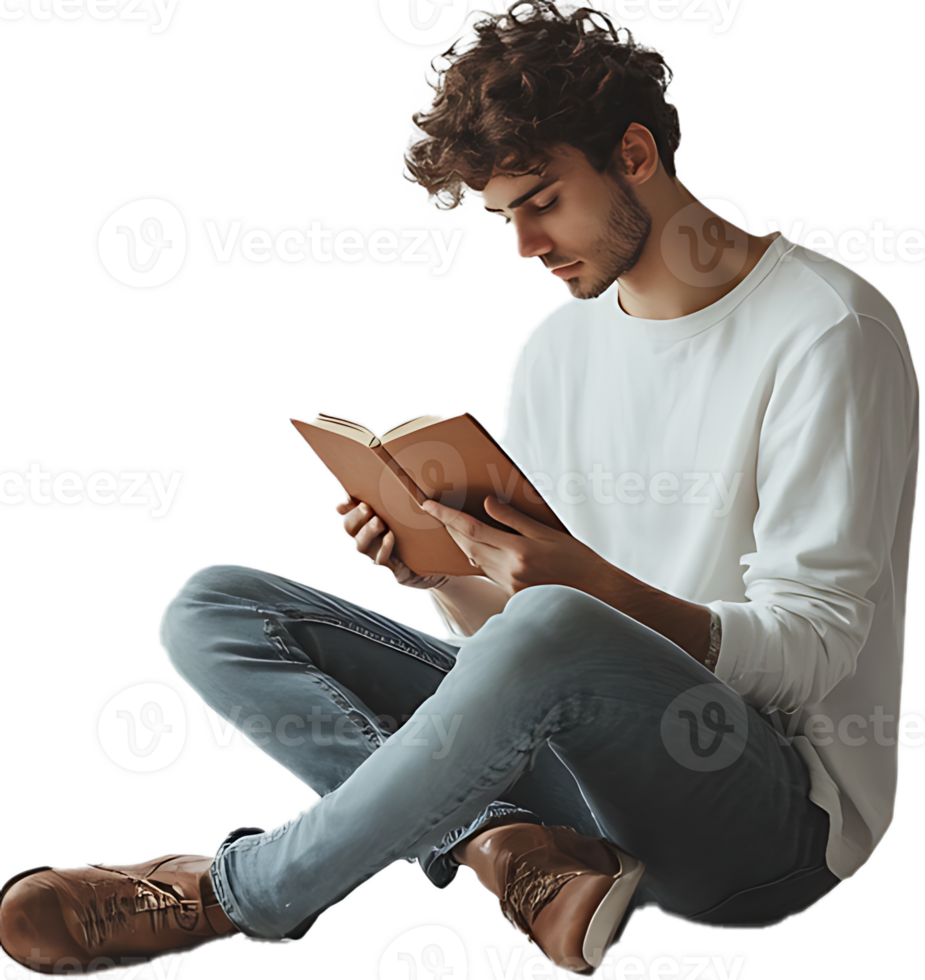 Man with curly hair sitting cross legged reading a book wearing jeans and a white long sleeved shirt png