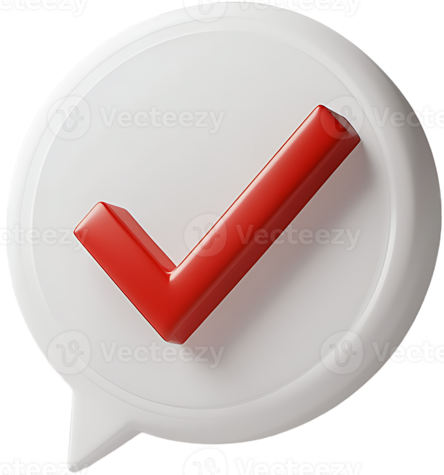 3D Render Red Checkmark in White Speech Bubble Success Completion Approval png