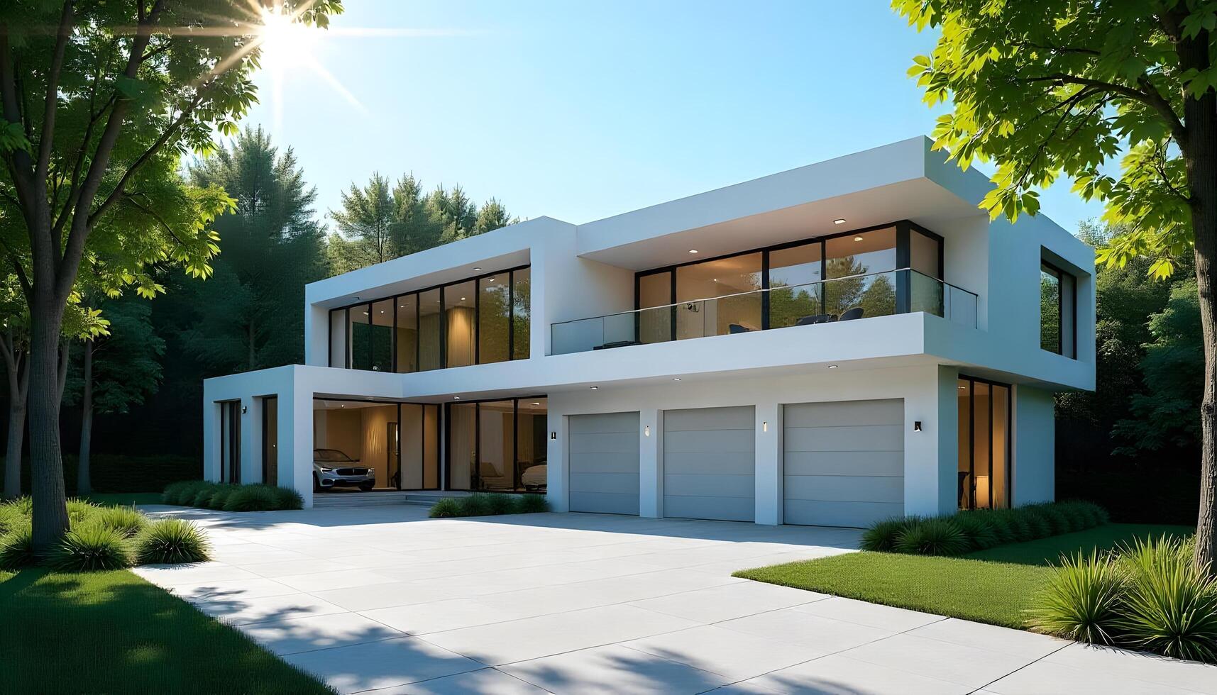 Modern White Two-Story Home with Expansive Windows and Lush Green Surroundings on a Sunny Day photo