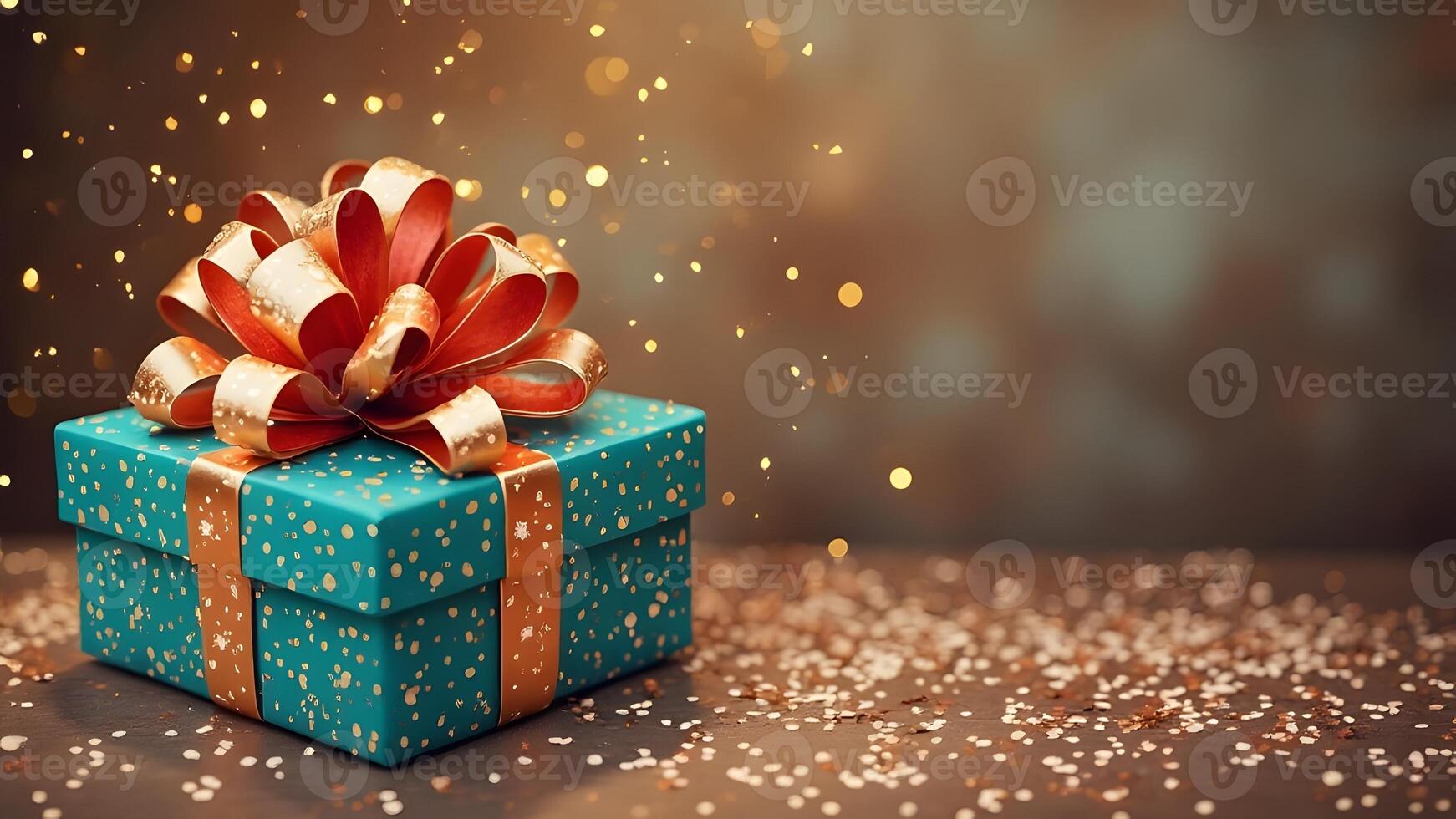 Teal Gift Box with Orange Ribbon and Bokeh Lights on Dark Surface with Confetti photo