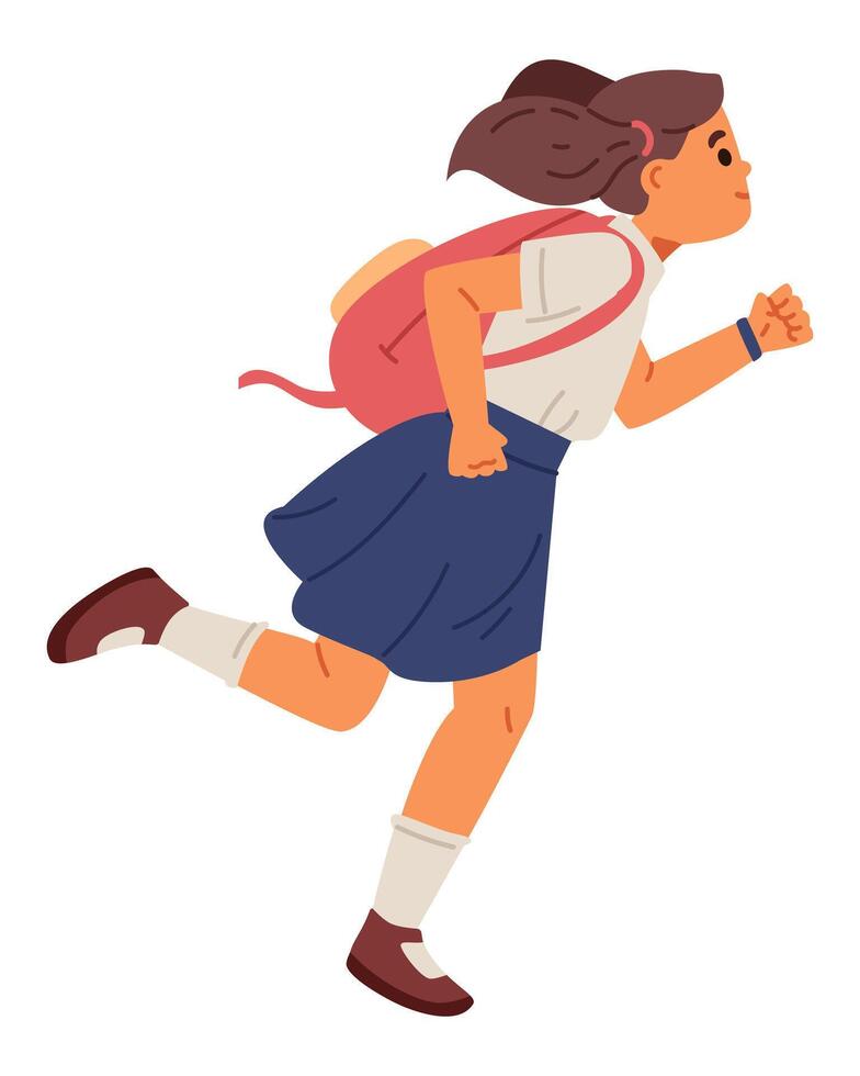 Schoolgirl in uniform with backpack running to school flat illustration isolated on white. vector