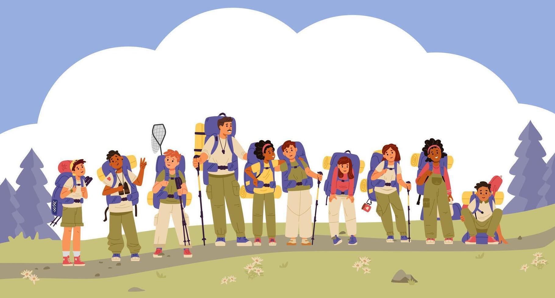 Group of multiracial children with backpacks with a teacher hiking flat horizontal banner. vector