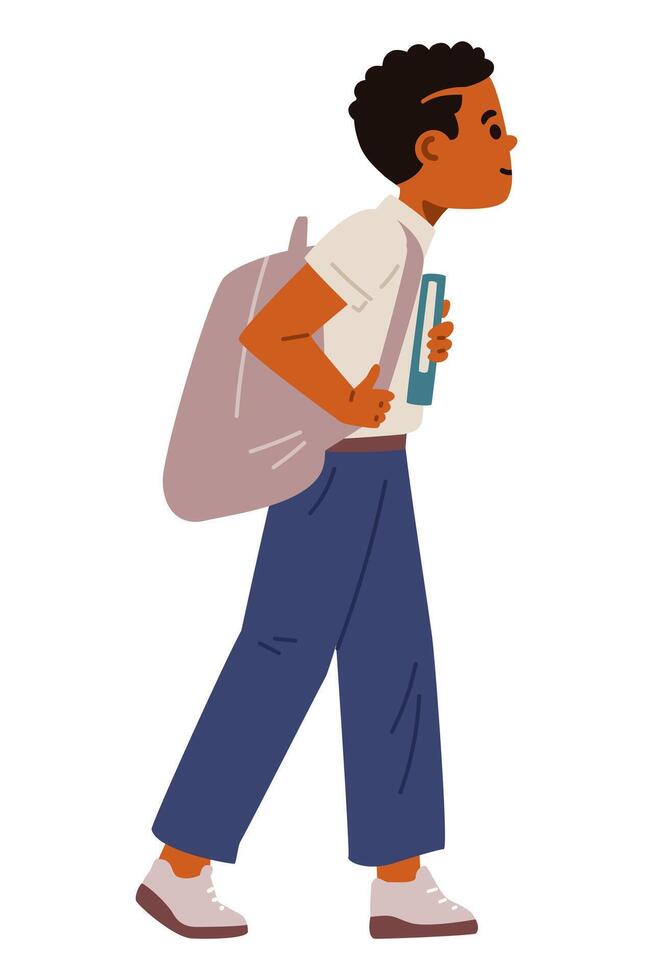 African American school boy in uniform with backpack and books walking to school flat illustration isolated on white. vector