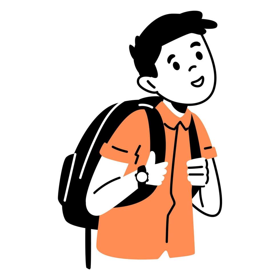 School boy with backpack line minimalistic illustration isolated on white. vector