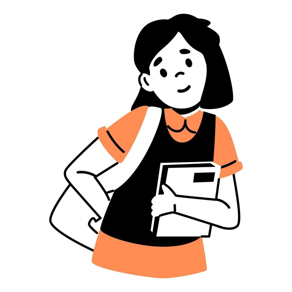 School girl with backpack holding a textbook line minimalistic illustration isolated on white. vector