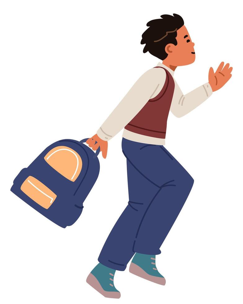 Asian smiling school boy in uniform with backpack in hand running to school flat illustration isolated on white. vector
