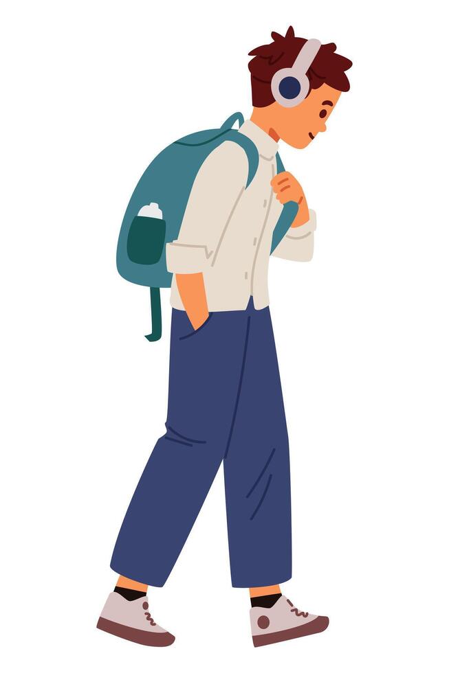 School boy in uniform with backpack and earphones walking to school flat illustration isolated on white. vector