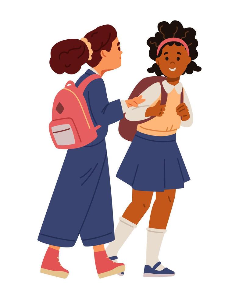 Two school girls in uniform with backpacks going to school and chatting flat illustration isolated on white. vector