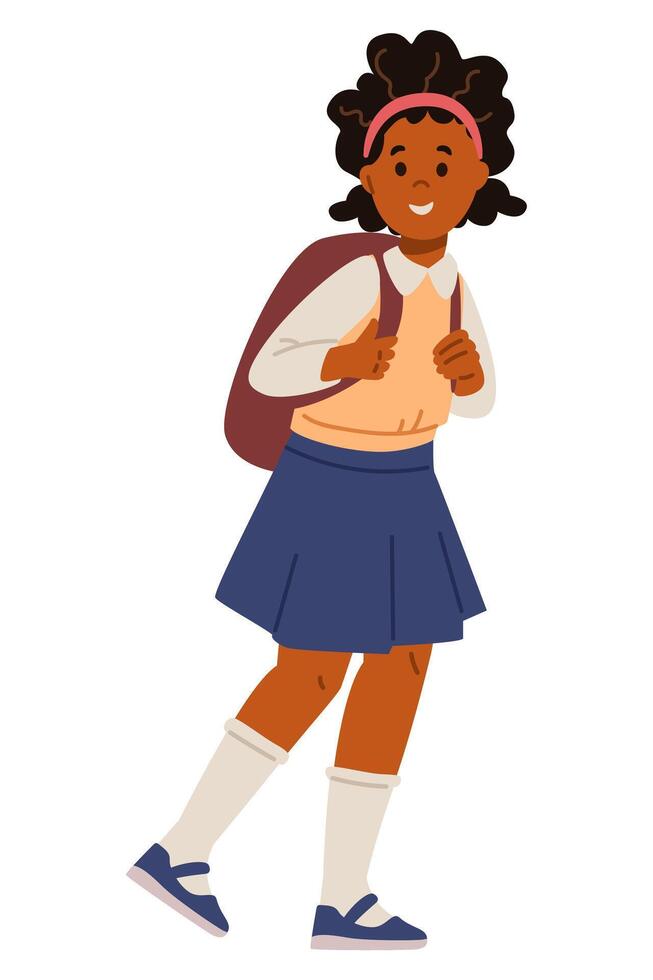 African American smiling girl in uniform with backpack going to school flat illustration isolated on white. vector