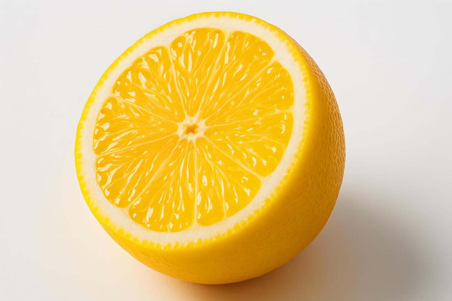 Bright Yellow Lemon Half Cut Open Showing Juicy Segments on White Background Still Life photo