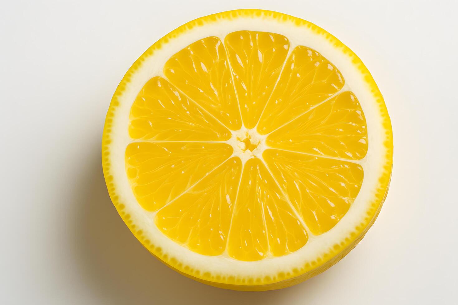 Close-Up of a Freshly Cut Half of a Bright Yellow Lemon on a White Background photo