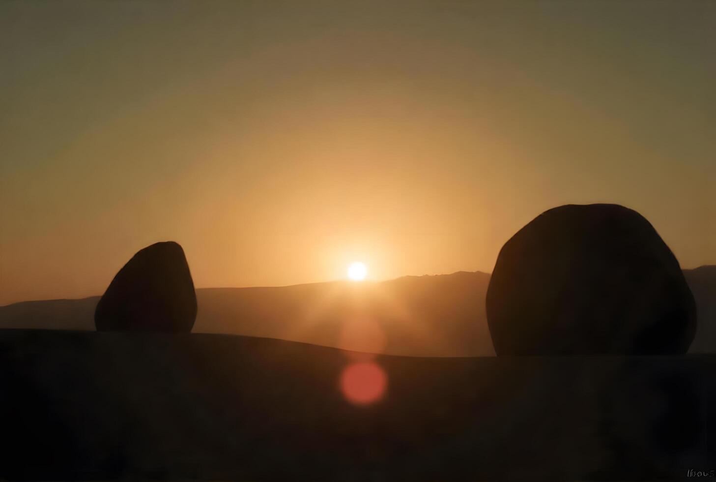Tranquil Desert Sunset with Rock Formations and Distant Mountains in Warm Light Scenery photo