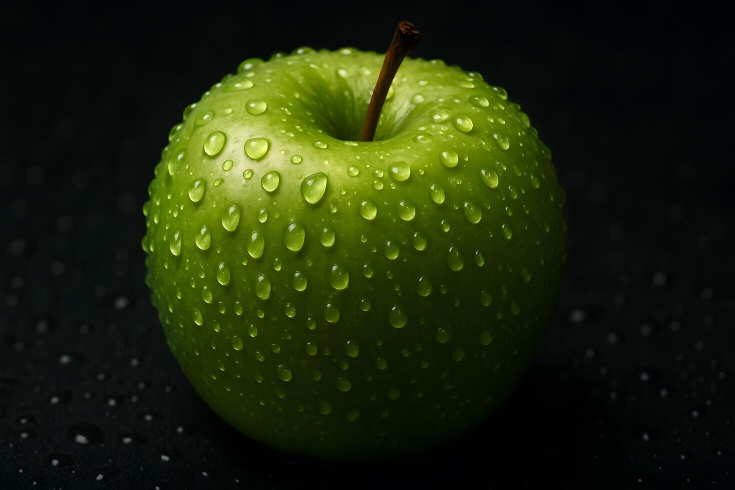 Fresh Green Apple with Water Droplets on Dark Background Healthy Eating and Freshness photo