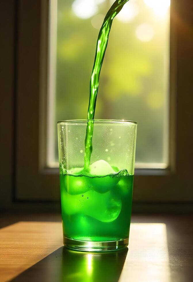 Pouring Green Liquid into Glass with Ice Cubes on Wooden Table by Window Sunlight photo