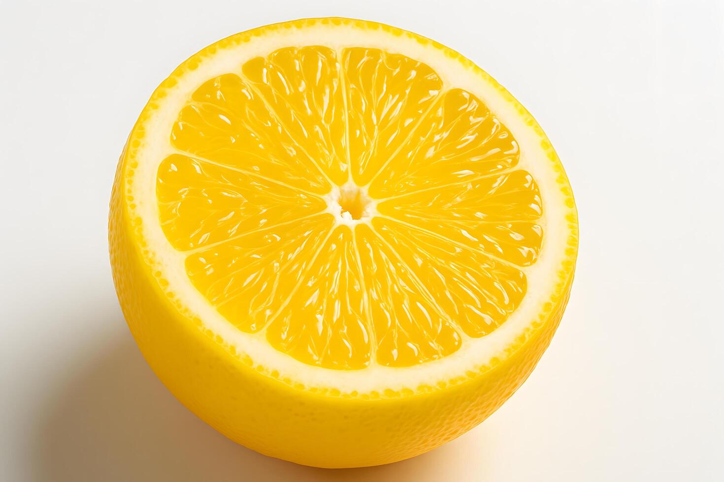 Vibrant Yellow Lemon Half Cut Open Displaying Juicy Segments on White Background Studio photo