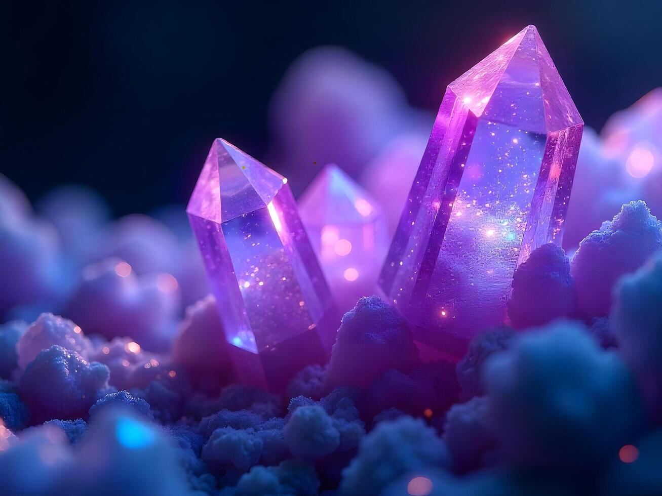 Glowing Purple Crystals on a Bed of Clouds A Dreamlike Scene of Light and Form photo