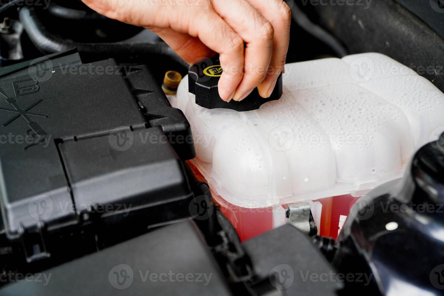 mechanic inspects the expansion tank with pink antifreeze. Vehicle coolant level in the car's radiator system.auto parts photo