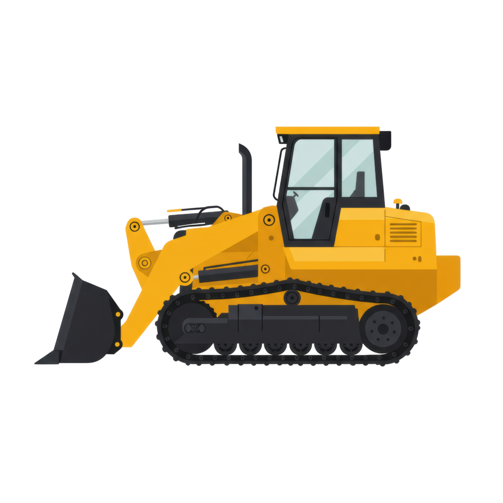 Illustrative rendition of a vibrant yellow bulldozer against a stark transparent background png