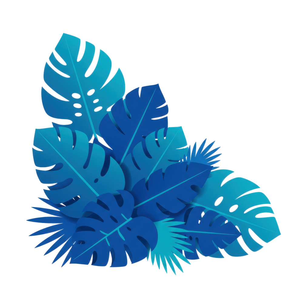 Stylized composition of vibrant cyan tropical foliage on stark transparent background png