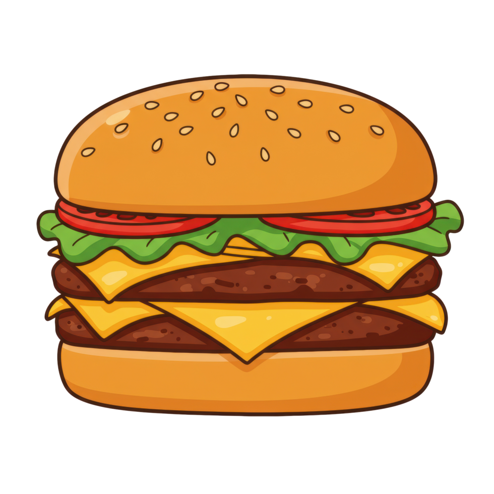 Vivid depiction of a towering cartoon burger against a stark transparent background png