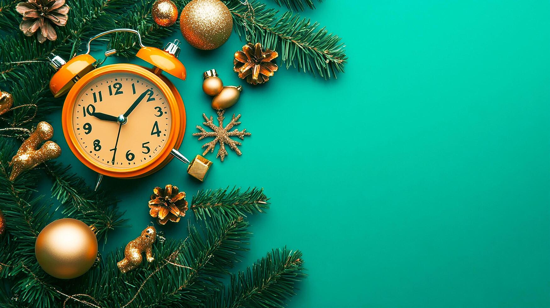 Gold new year ball and ornament decoration with a clock show winter holiday time on a fir branch for celebration photo