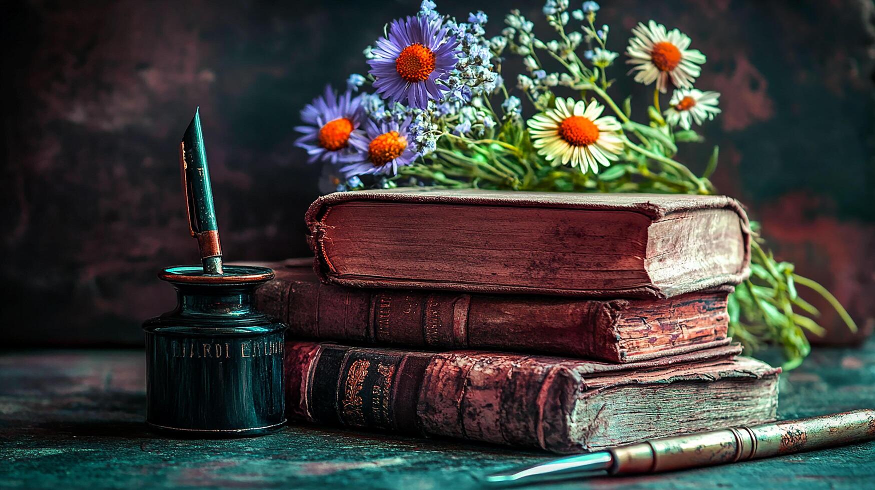 A vintage still life with flowers and old books suggests knowledge and literature on a brown antique paper photo