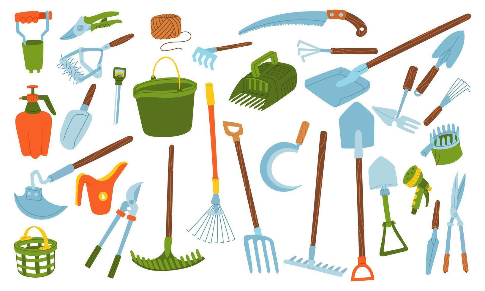 set of gardening tools. Flat color illustration. Pitchfork, shovel, bucket, rake. Gardening tools. Seasonal work. product for agricultural crops. Suitable for ecology, garden, household, packaging vector