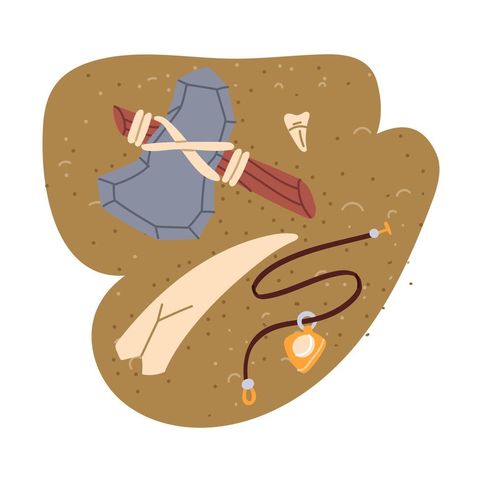 stone axe of an ancient man, fragment of tusk, tooth, pendant in the sand. An archaeological find. It suitable for design of books, articles, posters and presentations on archeology and human history vector