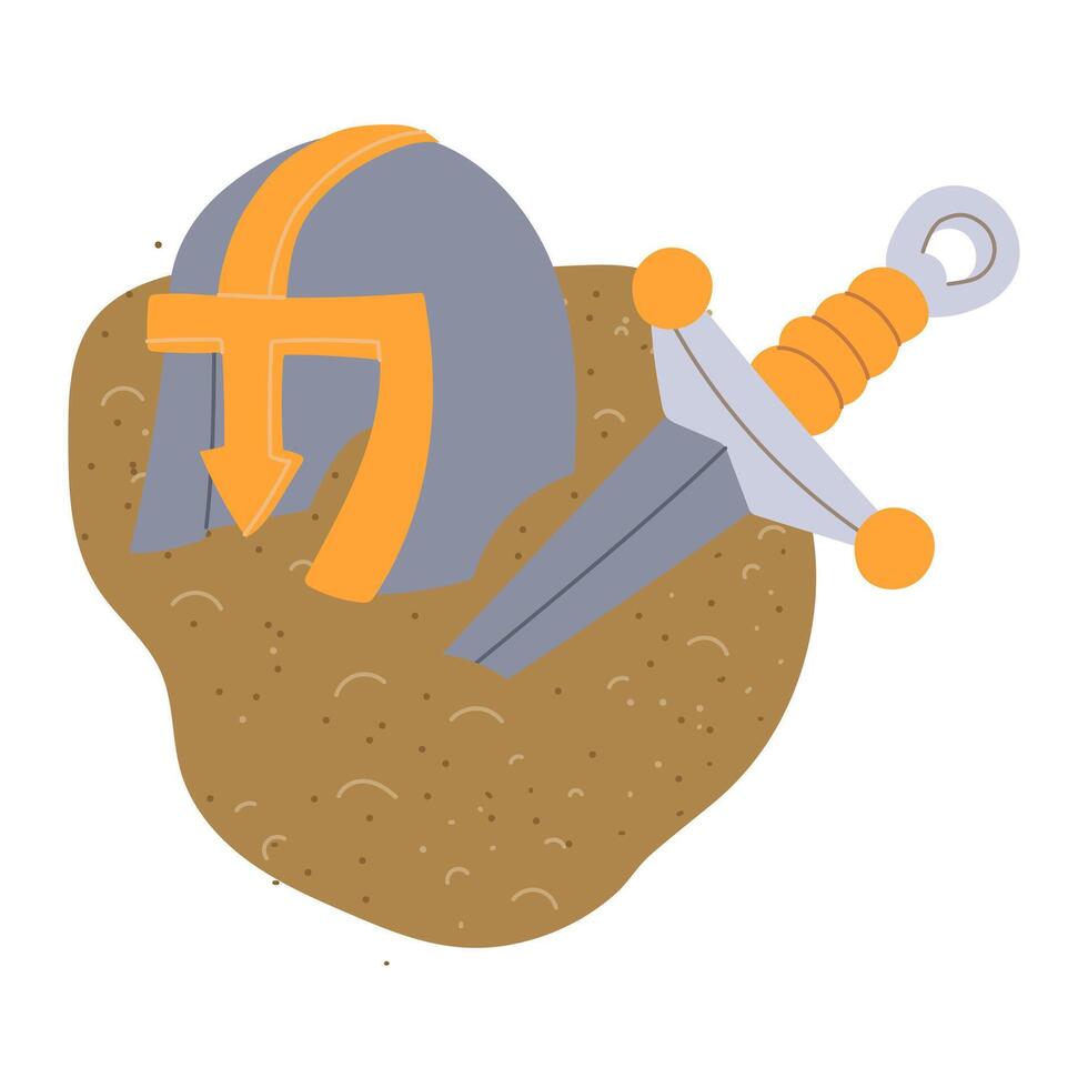 military helmet and a blade half-buried in the sand. An archaeological find. relic museum. It is suitable for books, articles, posters and presentations on topics of archeology, history, excavations vector