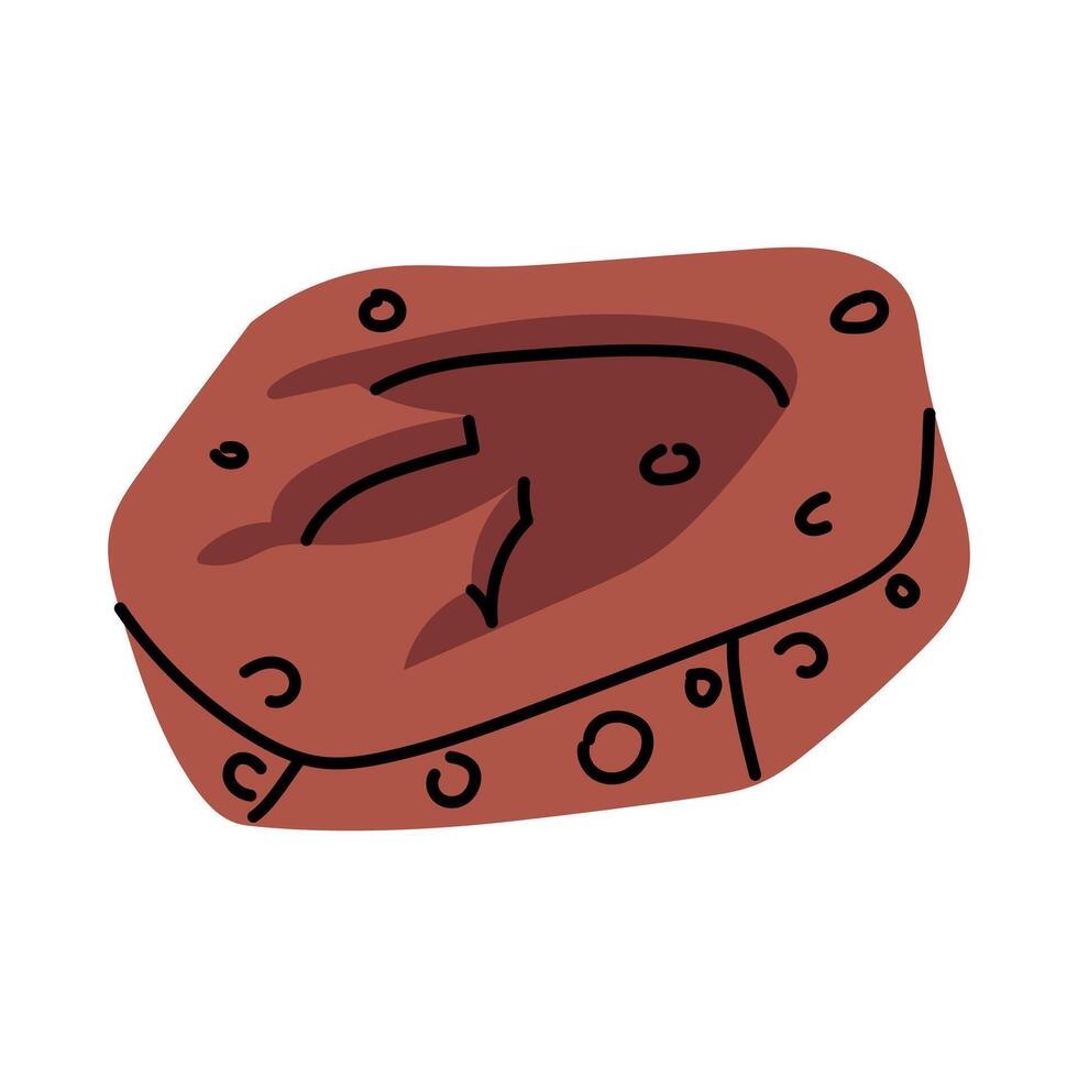 fossil is an imprint of Allosaurus footprint. Paleontology, silhouette of a dinosaur in stone. Flat color illustration. For scientific projects, encyclopedias, museum exhibitions, materials dinosaurs vector