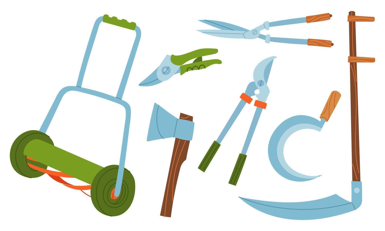 set for caring for plants. Pruning shears, scythe, sickle, lawn mower. Gardening tools. Seasonal work. product for agricultural crops. Suitable ecology, garden, cleaning, household, packaging design vector