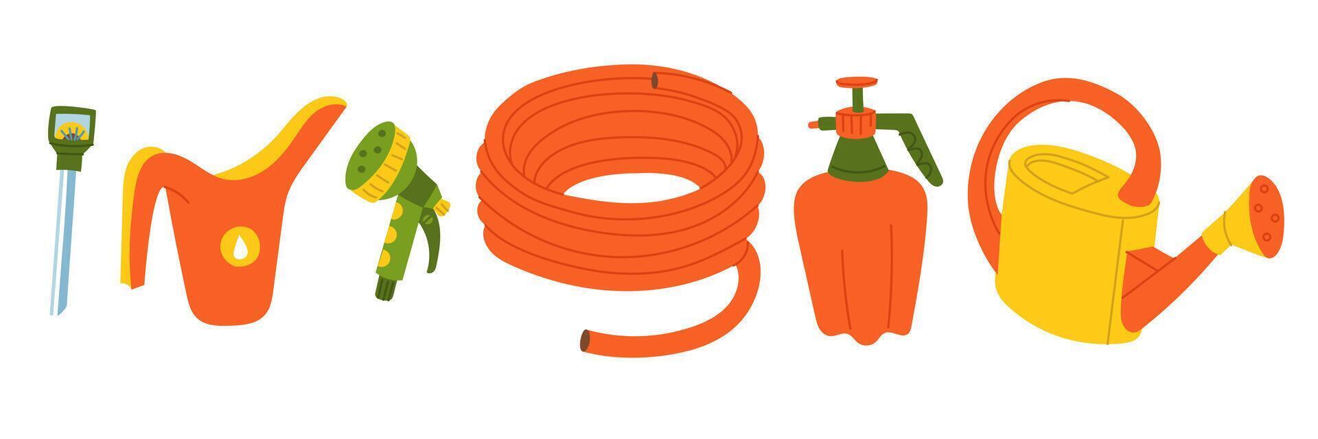 set of items for watering plants. Hose, sprinkler, watering can, sprayer. Gardening and construction equipment. Seasonal work. product for agricultural crops. Suitable for ecology, garden, cleaning vector