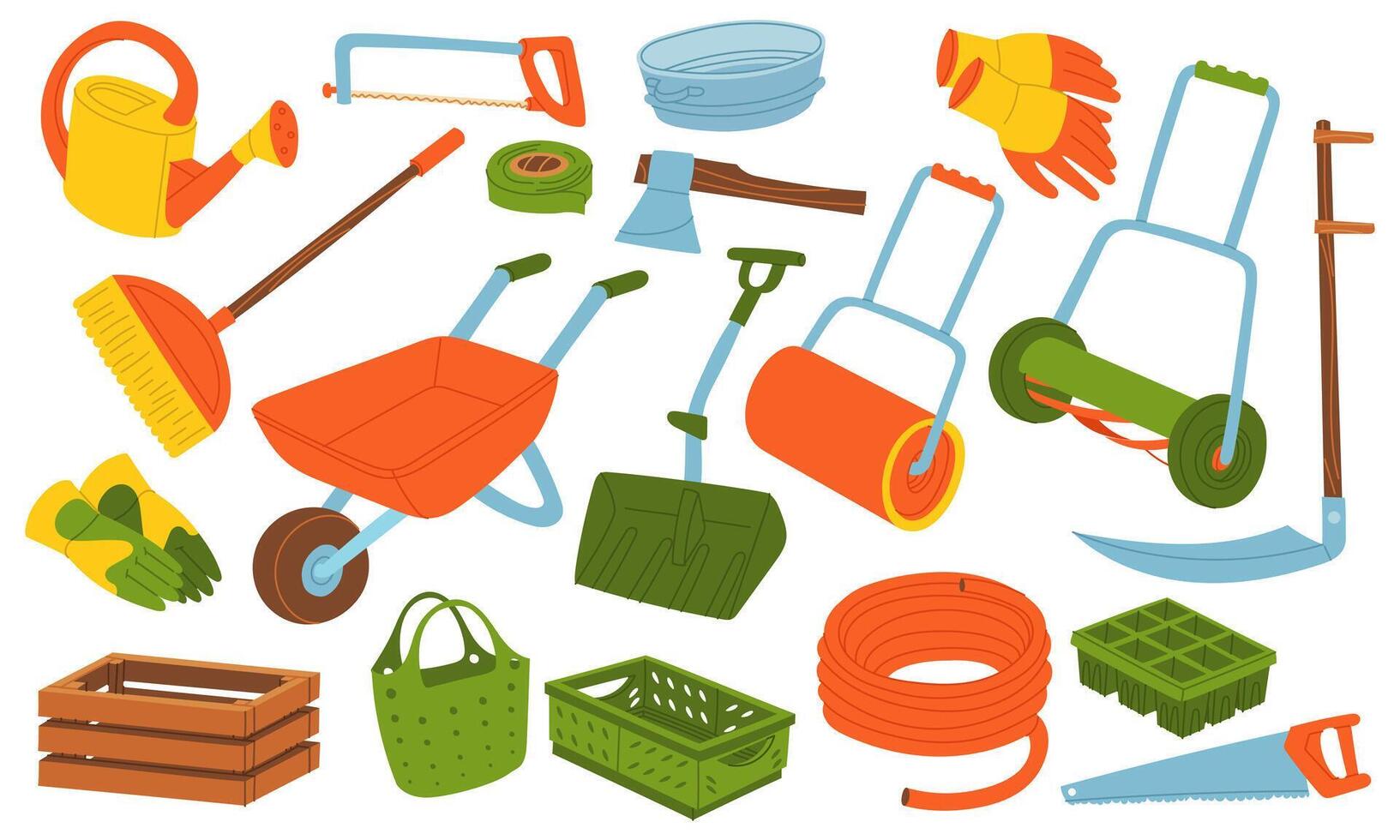 set of gardening tools. Flat color illustration. Watering can, gloves, scythe, wheelbarrow. Gardening tools. Seasonal work. product for agricultural crops. Suitable for ecology, garden, household vector