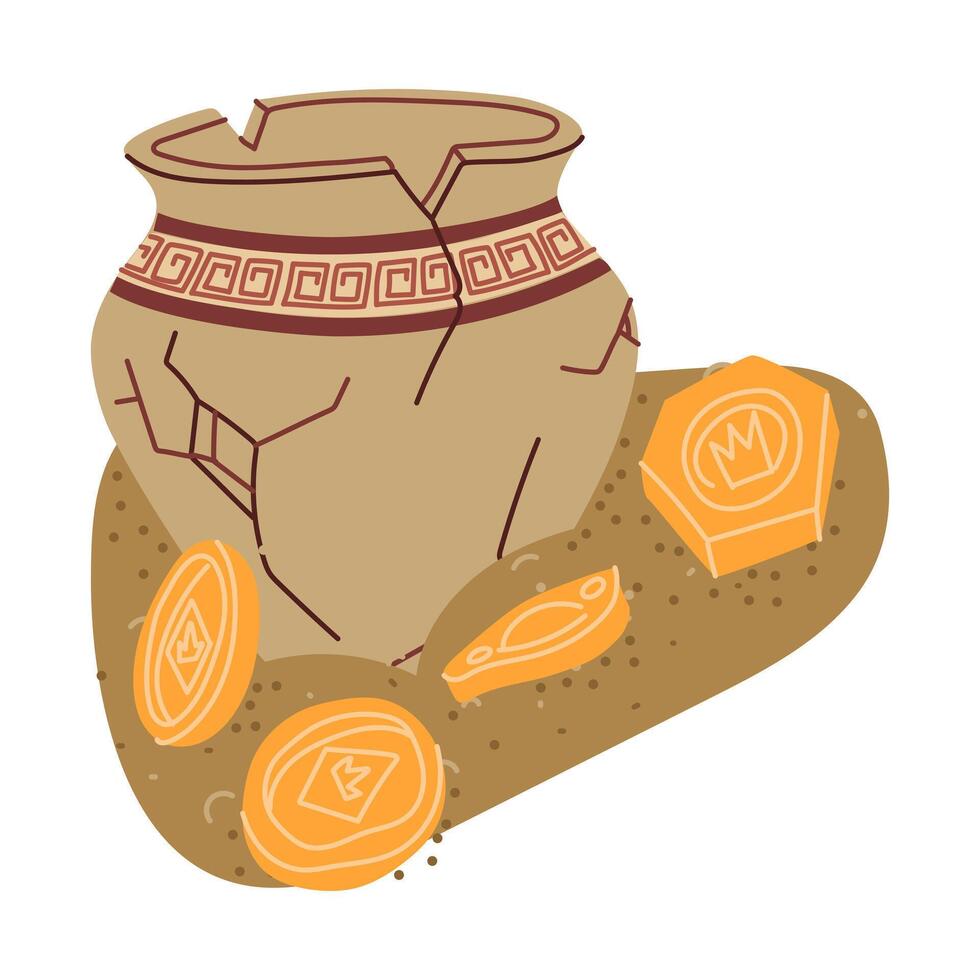 ancient broken jug with gold coins in the sand. An archaeological find. Historical value. It is suitable for the design of books, articles, posters and presentations on archeology and human history. vector
