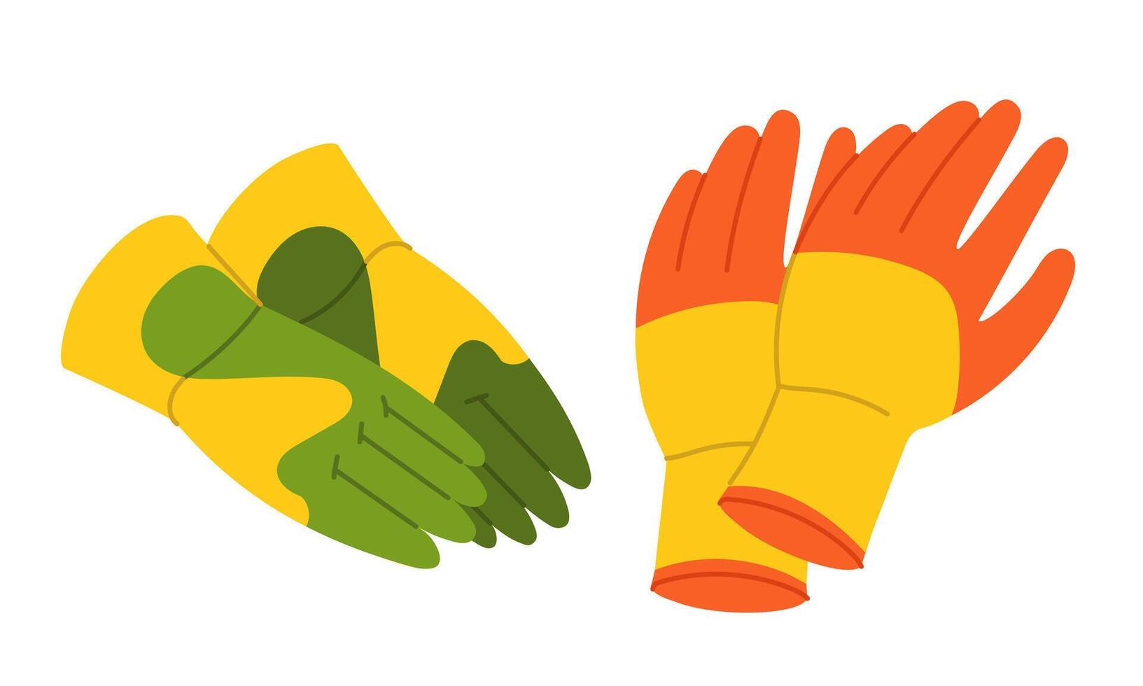 set of woven, rubber gloves. Diverse. Flat color isolated illustration. Gardening tools. Seasonal work. Agricultural crop items. Suitable for ecology, garden, cleaning, household, packaging design vector