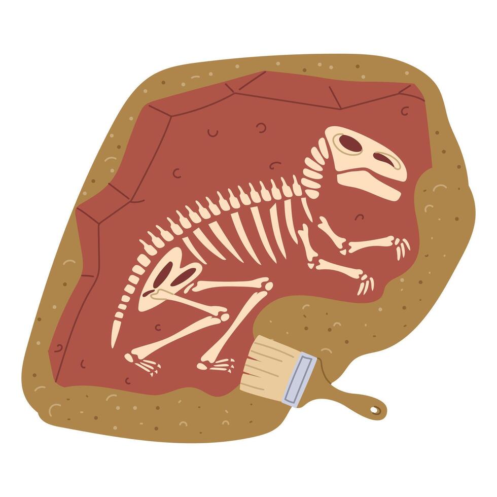 Fossils with tyrannosaurus bones in the sand with an archaeologist's brush. Paleontological find. It is suitable for design of books, posters on the topics of paleontology, plant and animal history. vector