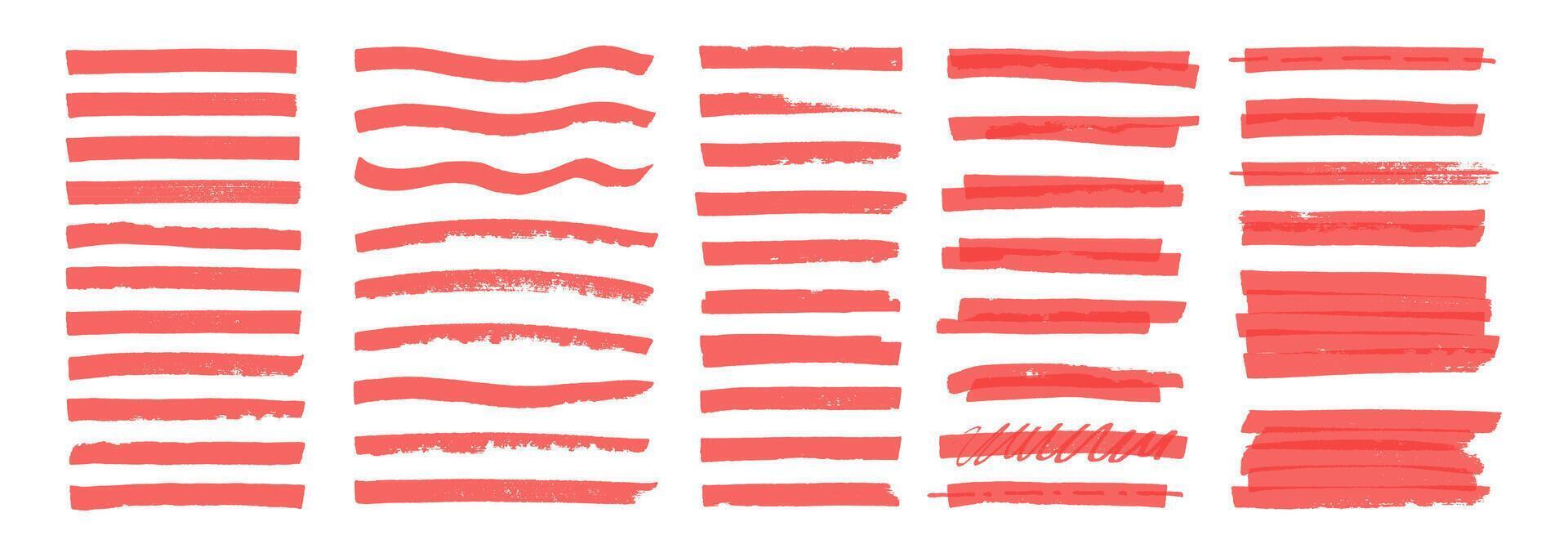 Set of marker lines with organic texture. Straight lines of a marker or brush for highlighting and underlining. Red illustration on a white background. vector