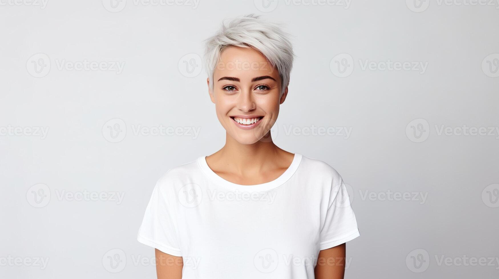 A woman with short white hair and a white t - shirt photo