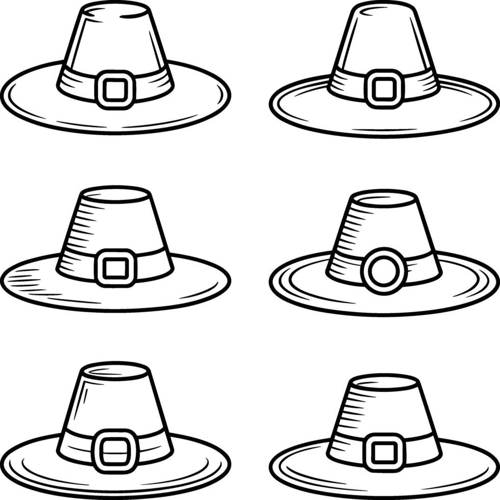 Set of Pilgrim Hat Line Art Vectors - Thanksgiving Icon Collection