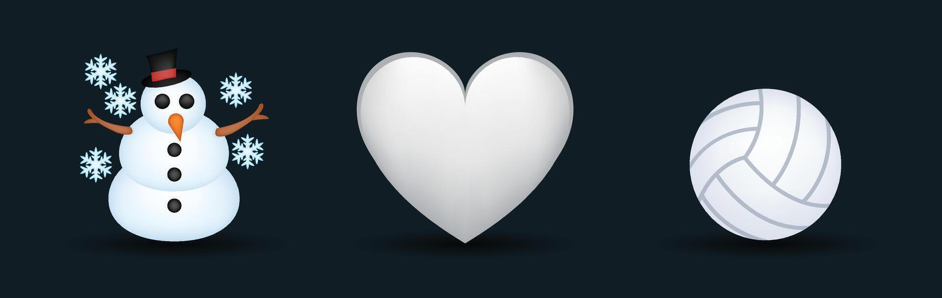 3 emoticons isolated on white background. White color heart, snowman, volleyball ball emoji illustration. 3d illustration set. vector
